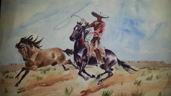 family painting of a charro on horse lassoing another horse on the plains